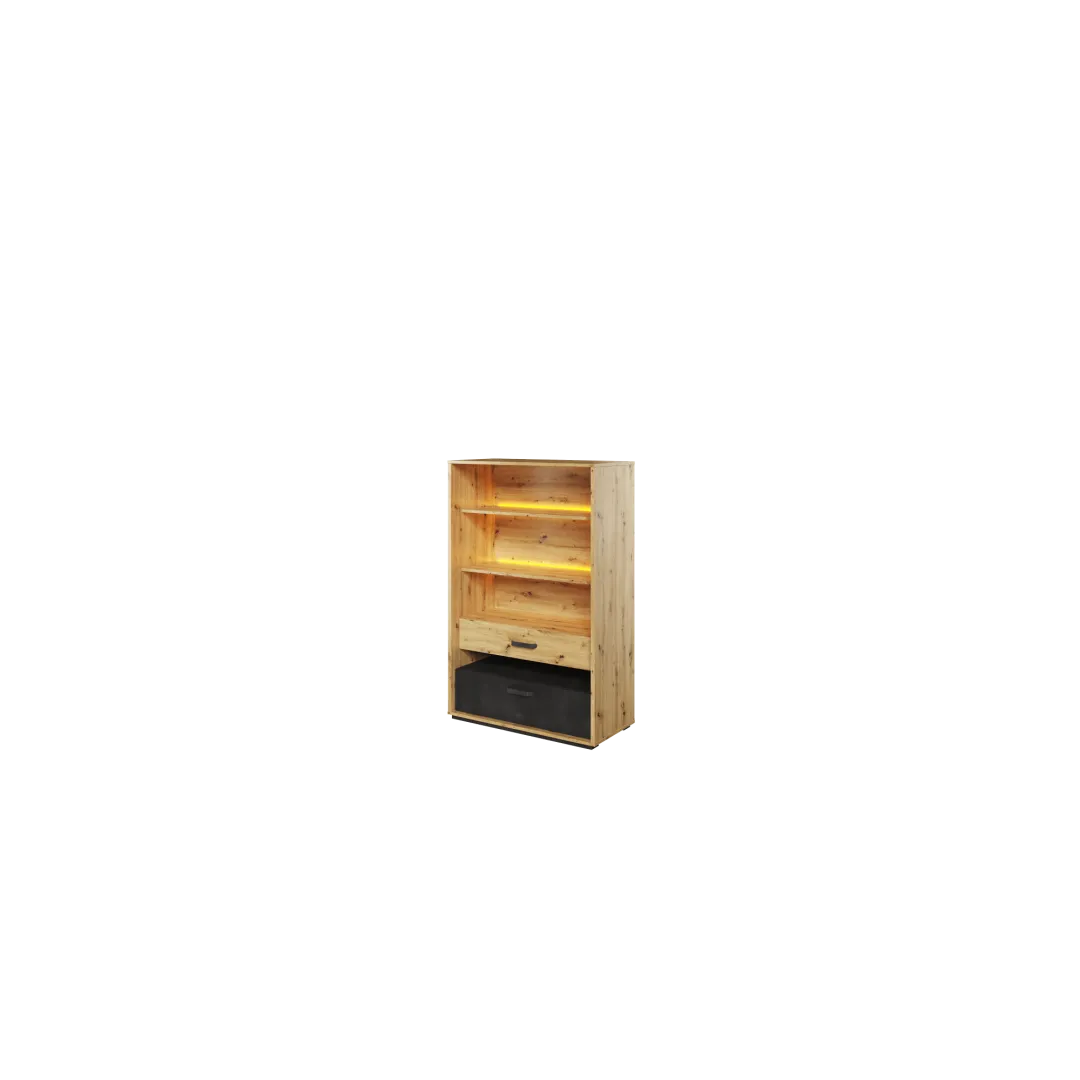 Regal mit zwei Schubladen QUBIC Eiche Artisan / Raw Steel / Silk Flou