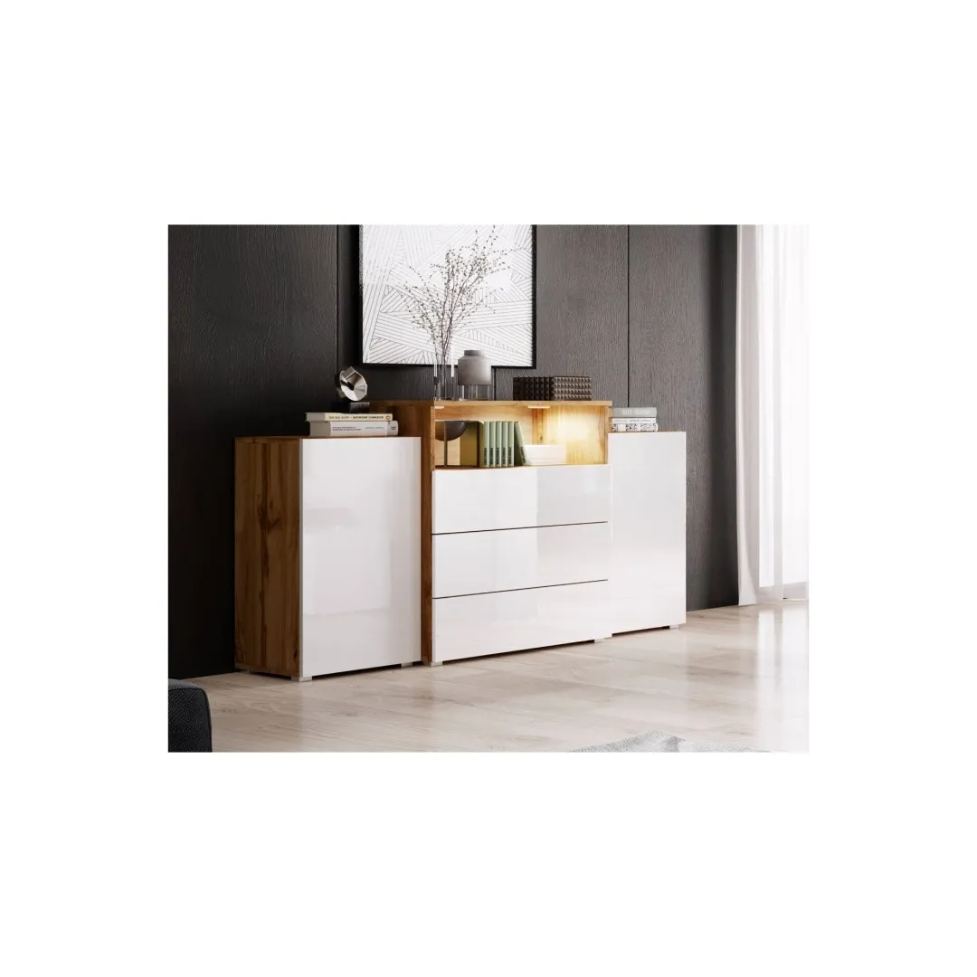 Wohnzimmerkommode KORFU III, Eiche Wotan/Weiß glänzend