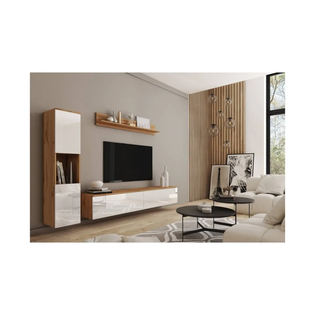 Wohnzimmermöbel PARMA Eiche Wotan / weiß Hochglanz