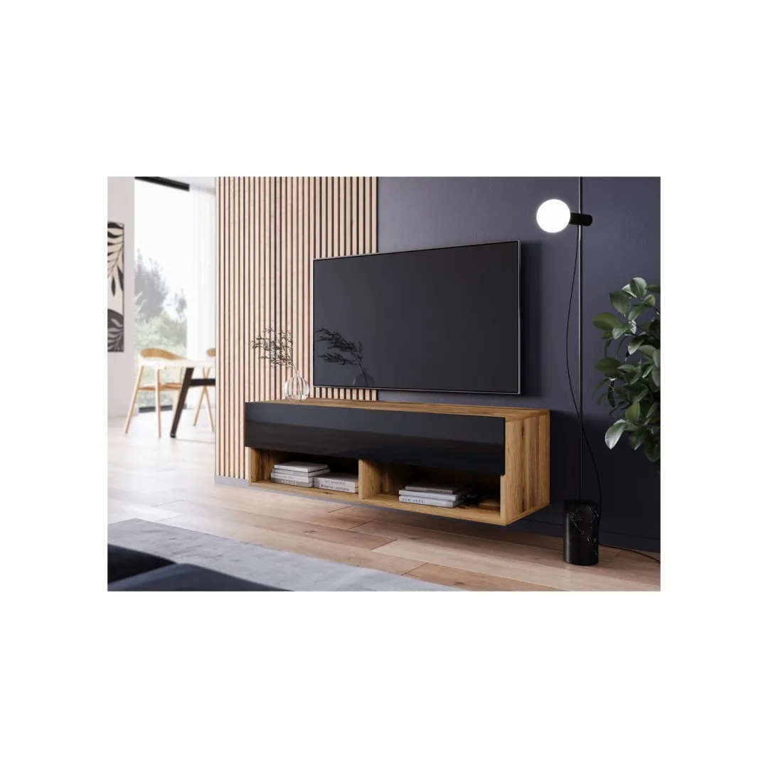 Schmaler ANNE TV-Schrank in Wotan/Hochglanzschwarz