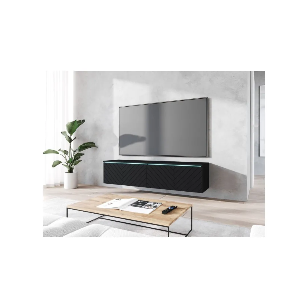 DONNA TV-Schrank 140 cm, schwarz-graphitfarben / MDF-Front im Fischgrätmuster