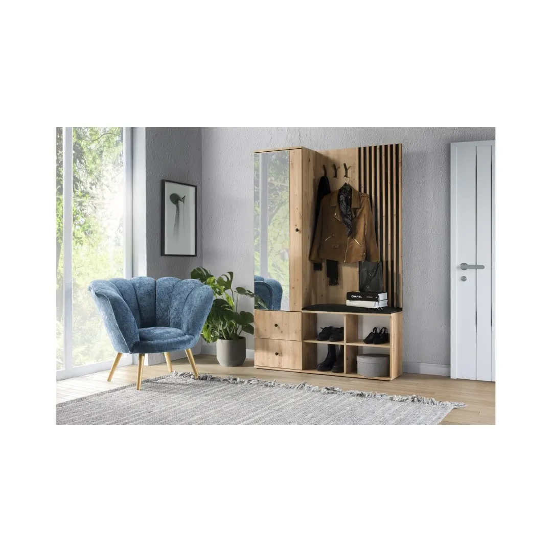 Kleiderschrank „MALI“, 129 cm breit, mit Spiegel und gepolstertem Sitz, Farbe: Artisan Oak